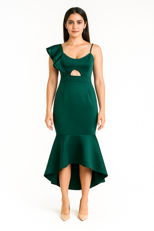 Luxurious Bottle Green Bodycon Dress with Bottom Frills, Waist Belt, and Asymmetrical Top Featuring One Side Ruffle and Other Side Strap Perfect for Cocktail & Formal Events