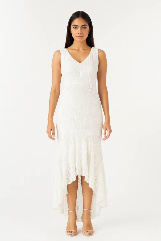 White Net Gown with Abstract Sequin Design & V-Neckline Perfect for Sophisticated Evenings