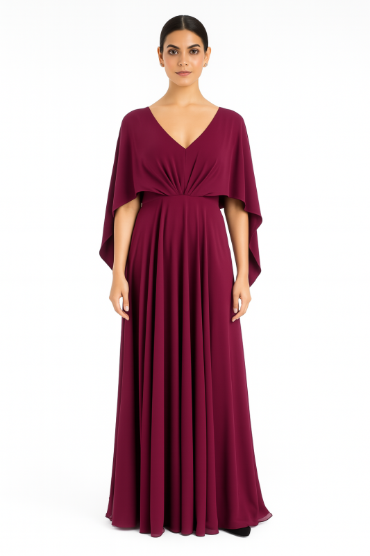 Chic Purple Polyester Western Gown with Round Neckline, Designer Sleeves & Pleated Work Details Perfect for Evening Events & Parties