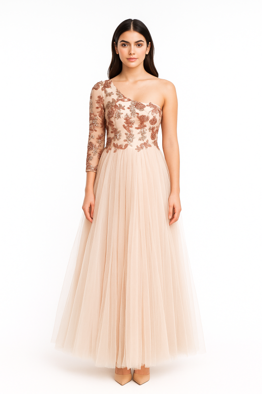 Luxurious Peach Full-Length One-Shoulder Gown with Sequin Embroidered Top & Full Sleeves Perfect for Elegant Evenings & Special Occasions