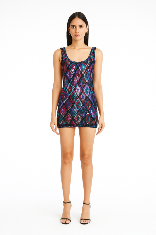 Short Multicolor Sleeveless Sequin Dress with Back Opening Trendy & Vibrant Dress for Parties, Night Out & Special Occasions