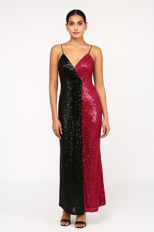 Black and Pink Sequin Bodycon Gown with Back Opening Perfect for Glamorous Events