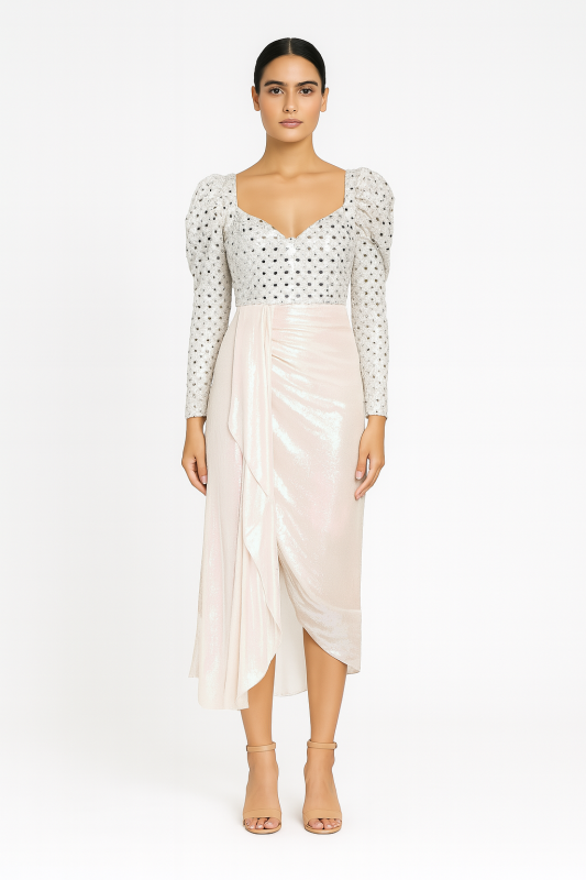 White Western Gown with Embroidery, Sequin Drape & Puff Sleeves Perfect for Elegant Celebrations
