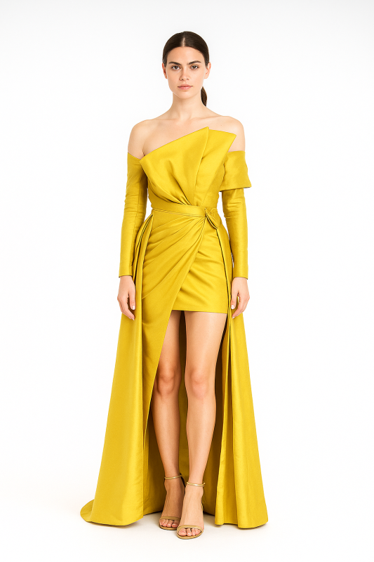 Stunning Yellow Silk Western Gown with Short Length, Draping & Pleated Design, Full Sleeves, Off-Shoulder, and Long Trail Details Perfect for Glamorous Evenings & Special Occasions