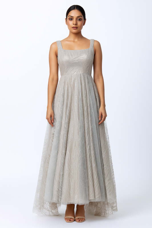 White Net Gown with Beads, Sequins & Square Neckline Perfect for Elegant Occasions